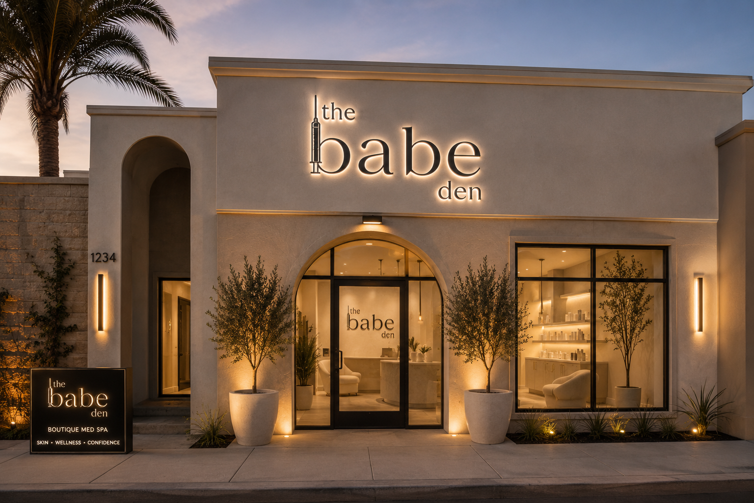 The Babe Den storefront in Carlsbad Village at dusk, lit sign above an arched entry