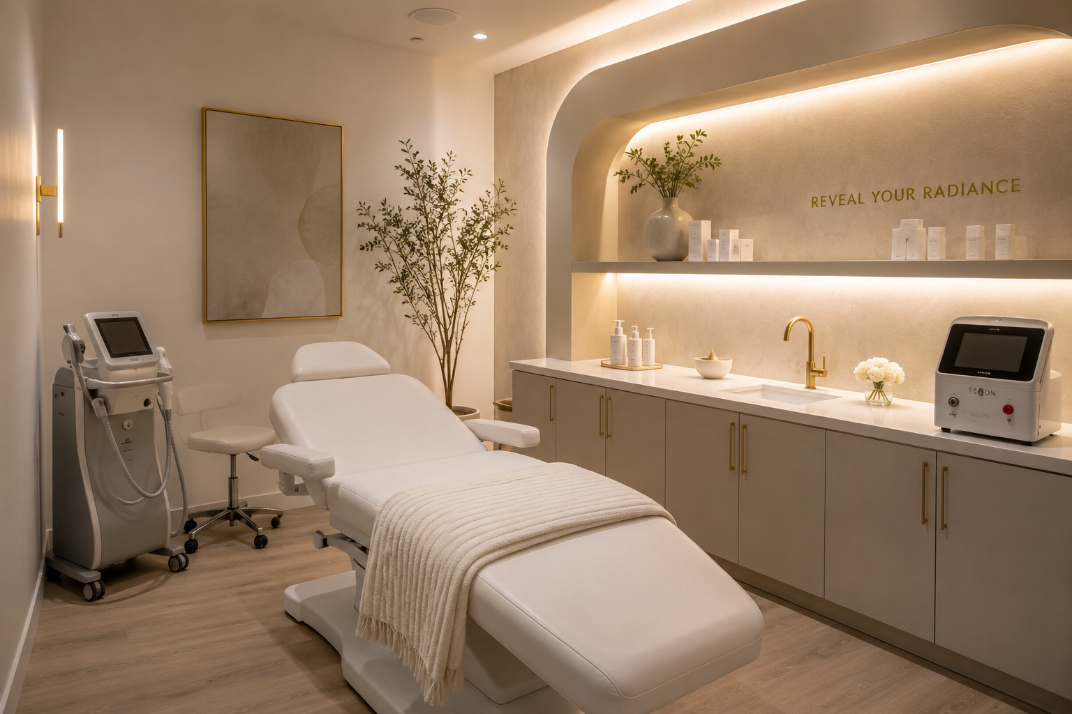 The Babe Den treatment room in Carlsbad — treatment chair, laser devices, and skincare shelf